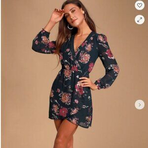 Lulu's Red and Pink Floral Wrap Dress V-Neck Long Sleeve